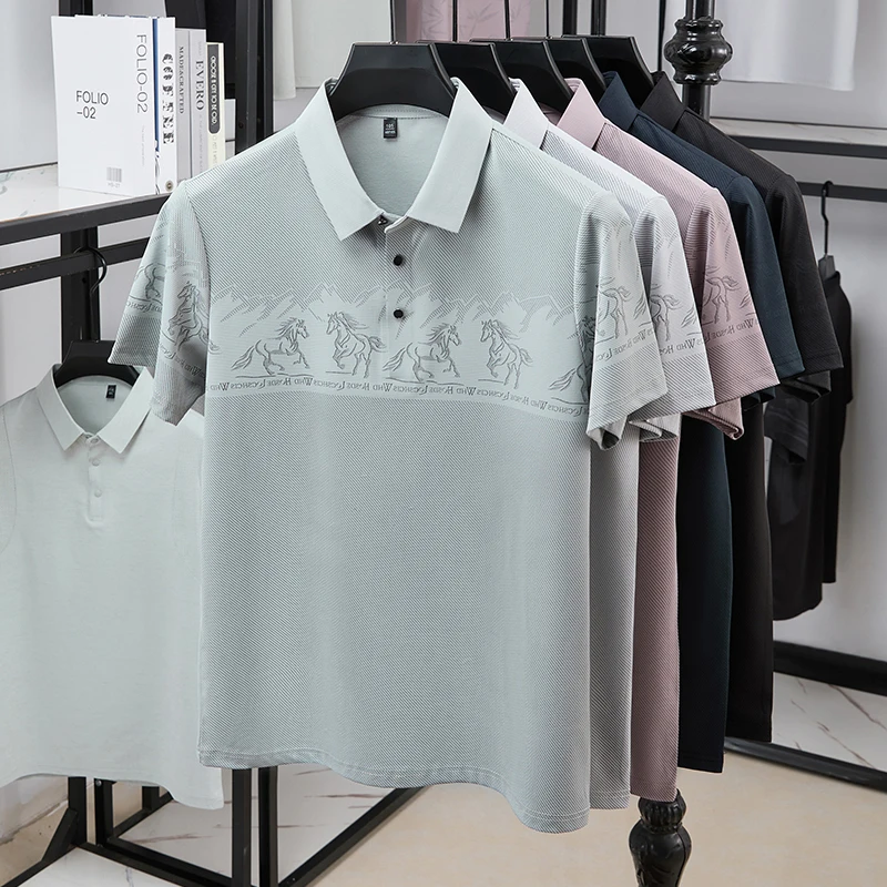 Polo Shirt Equestrian - Herenshirt met halfhoge borst, paardrijprint, polokraag,